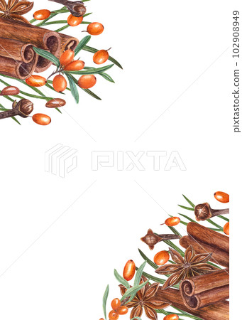 Watercolor frame of cinnamons, star anise, sea buckthorn, pine needles, cloves isolated on white. Beautiful illustration of orange berries and brown spices for Christmas and New Year decoration Watercolor frame of cinnamons, star anise, sea buckthorn, pine needles, cloves isolated on white. Beautiful illustration of orange berries and brown spices for Christmas and New Year decoration 102908949