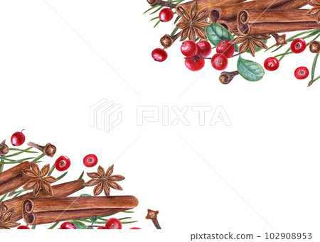 Watercolor frame of cranberries, star anise, cinnamons, pine needles, cloves isolated on white. Illustration of red berries, green leaves and brown spices for Christmas and New Year decoration Watercolor frame of cranberries, star anise, cinnamons, pine needles, cloves isolated on white. Illustration of red berries, green leaves and brown spices for Christmas and New Year decoration 102908953