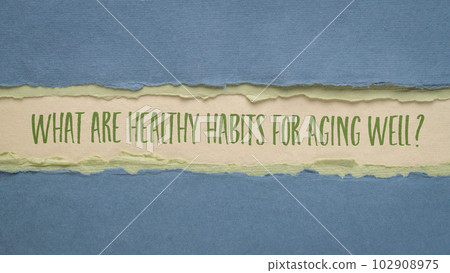 What are healthy habits for aging well? Handwriting on an art paper. Lifestyle and personal development concept. 102908975