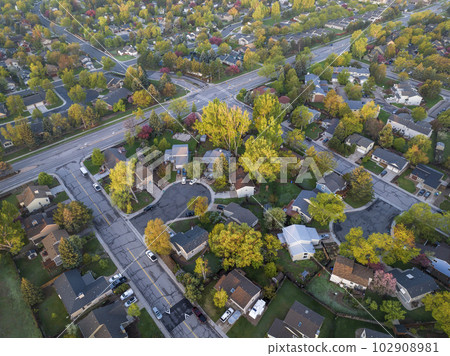 spring sunrise over residential area of Fort Collins in northern Colorado, aerial view spring sunrise over residential area of Fort Collins in northern Colorado, aerial view 102908981