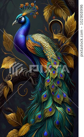 Close up peacock bird with beautiful tail for background Created with Generative AI technology. Close up peacock bird with beautiful tail for background Created with Generative AI technology. 102908996