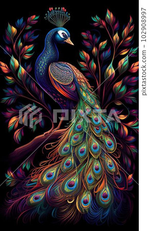 Close up peacock bird with beautiful tail for background Created with Generative AI technology. Close up peacock bird with beautiful tail for background Created with Generative AI technology. 102908997