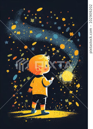 Cover book of kid standing on universe with cute little stars Created with Generative AI technology. 102909202