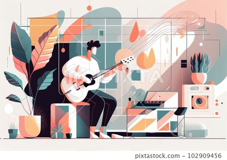 Illustration of musician playing guitar and singing on stage Created with Generative AI technology. Illustration of musician playing guitar and singing on stage Created with Generative AI technology. 102909456