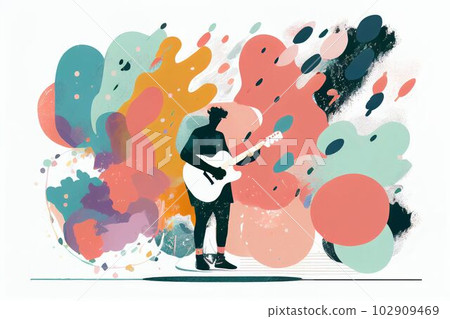 Illustration of musician playing guitar and singing on stage Created with Generative AI technology. 102909469