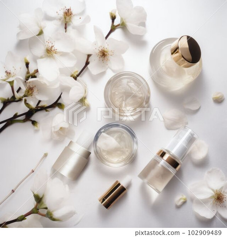 Mock up luxury cosmetic product from nature for branding Created with Generative AI technology. Mock up luxury cosmetic product from nature for branding Created with Generative AI technology. 102909489