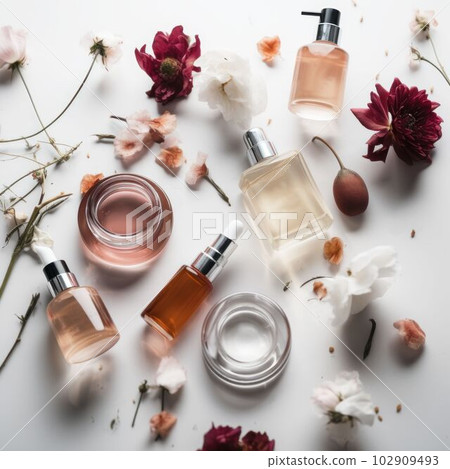 Mock up luxury cosmetic product from nature for branding Created with Generative AI technology. Mock up luxury cosmetic product from nature for branding Created with Generative AI technology. 102909493