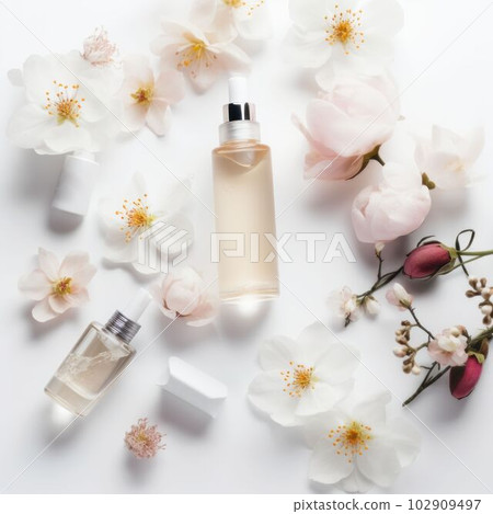 Mock up luxury cosmetic product from nature for branding Created with Generative AI technology. Mock up luxury cosmetic product from nature for branding Created with Generative AI technology. 102909497