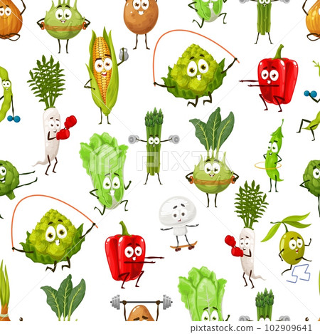 Cartoon vegetable characters on fitness. Seamless pattern with happy veggies going sports. Textile print with funny radish, salad and romanesco, turnip, corn and pepper farm vegetables personages Cartoon vegetable characters on fitness. Seamless pattern with happy veggies going sports. Textile print with funny radish, salad and romanesco, turnip, corn and pepper farm vegetables personages 102909641