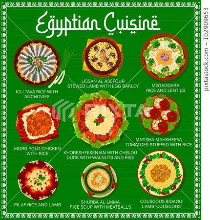 Egyptian cuisine menu, food dishes and meals, vector restaurant lunch and dinner. Egyptian cuisine traditional couscous with lamb, icli tava rice with anchovy and lissan al assfour stewed lamb Egyptian cuisine menu, food dishes and meals, vector restaurant lunch and dinner. Egyptian cuisine traditional couscous with lamb, icli tava rice with anchovy and lissan al assfour stewed lamb 102909653