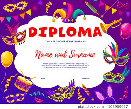 Samba dancer diploma. Brazilian carnival decorations and objects. Dancing school or competition award, vector diploma with carnival mask with feather, jester hat, fireworks and musical instruments Samba dancer diploma. Brazilian carnival decorations and objects. Dancing school or competition award, vector diploma with carnival mask with feather, jester hat, fireworks and musical instruments 102909657