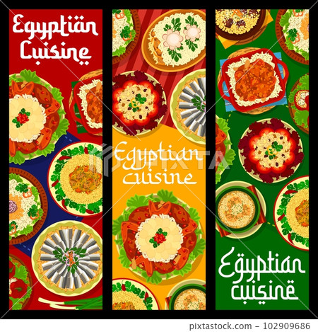 Egyptian cuisine restaurant meals banners, food dishes of Egypt restaurant, vector. Egyptian cuisine traditional lunch and dishes of rice, couscous and lentils with lamb meat, chicken and anchovy 102909686