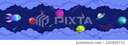 Space paper cut flying rocket, planets and asteroids in galaxy universe. Cartoon vector shuttle travel in starry cosmos with 3d papercut wavy frame. Spaceship in futuristic cosmic trip in alien world 102909731