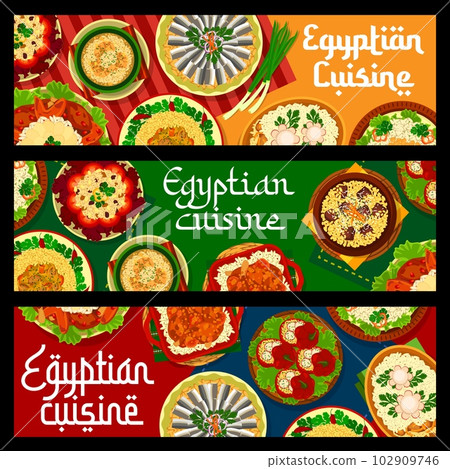 Egyptian cuisine restaurant food banners, dishes and meals of Egypt, vector. Egyptian food couscous and pilaf rice with lamb, shurba al-lmma soup with meatballs and megaddara with lentils or chicken Egyptian cuisine restaurant food banners, dishes and meals of Egypt, vector. Egyptian food couscous and pilaf rice with lamb, shurba al-lmma soup with meatballs and megaddara with lentils or chicken 102909746