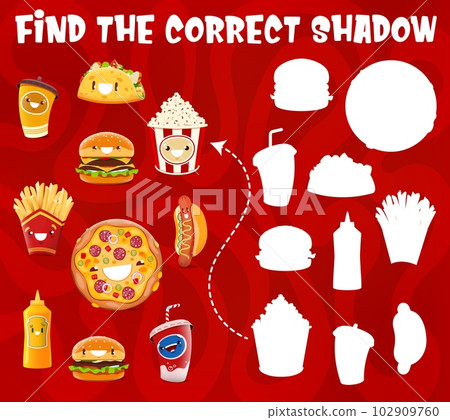 Find correct shadow of cartoon takeaway fast food characters, vector quiz game. Cheeseburger, pizza and hot dog with popcorn and potato fries on shadow matching game to find suitable silhouette Find correct shadow of cartoon takeaway fast food characters, vector quiz game. Cheeseburger, pizza and hot dog with popcorn and potato fries on shadow matching game to find suitable silhouette 102909760