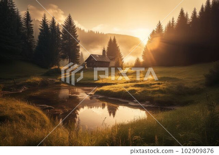 Beautiful landscape countryside with green meadow on the hill Created with Generative AI technology. 102909876