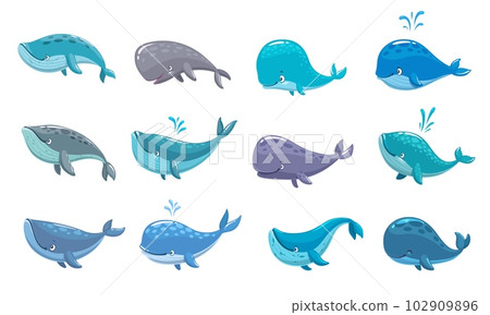 Cartoon whale characters. Isolated vector sea animals, ocean mammal creatures with water fountains. Friendly aquatic, sperm and bowhead whale personage for game design. Biodiversity, nature wildlife Cartoon whale characters. Isolated vector sea animals, ocean mammal creatures with water fountains. Friendly aquatic, sperm and bowhead whale personage for game design. Biodiversity, nature wildlife 102909896