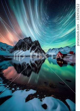 Beautiful village with aurora and star trail over night sky Created with Generative AI technology. 102910212