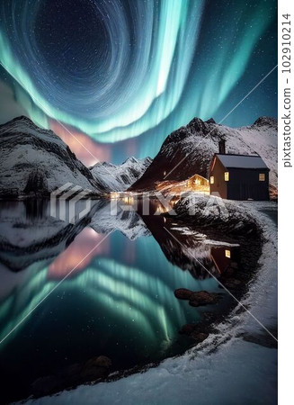 Beautiful village with aurora and star trail over night sky Created with Generative AI technology. Beautiful village with aurora and star trail over night sky Created with Generative AI technology. 102910214