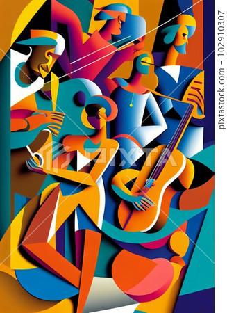 Illustration of abstract musician play music on big concert Created with Generative AI technology. Illustration of abstract musician play music on big concert Created with Generative AI technology. 102910307