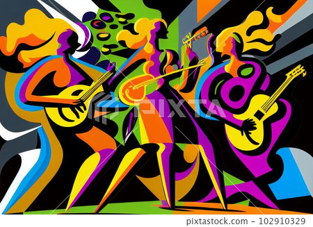 Illustration of abstract musician play music on big concert Created with Generative AI technology. Illustration of abstract musician play music on big concert Created with Generative AI technology. 102910329