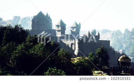 Old ruined castle in the misty mountains Old ruined castle in the misty mountains 102910381