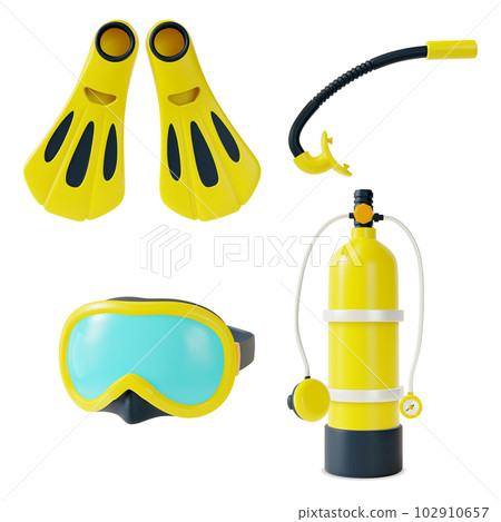 3d Color Scuba Mask and Snorkel Gear Set Cartoon Style Underwater Activity Accessories. Vector illustration of Diving Elements 3d Color Scuba Mask and Snorkel Gear Set Cartoon Style Underwater Activity Accessories. Vector illustration of Diving Elements 102910657