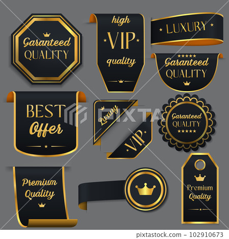 Realistic Detailed 3d Premium Luxury Golden Labels, Banners and Ribbons Set. Vector illustration of Badge Sticker 102910673