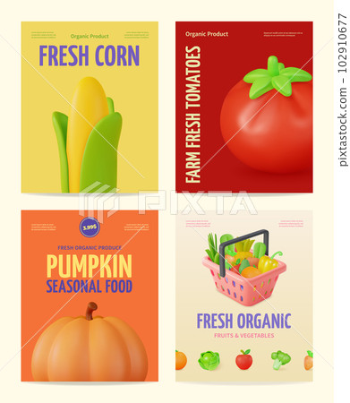 3d Fresh Organic Seasonal Food Placard Poster Banner Card Set Cartoon Style. Vector illustration of Vegetables and Fruits 102910677