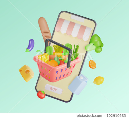 3d Fresh Vegetables and Fruits Online Shopping Concept Cartoon Style Include of Mobile Phone and Full Shopping Basket. Vector illustration 102910683