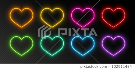 Neon heart frames, glowing borders set, vibrant Valentine's Day decoration. Neon heart frames, glowing borders set, vibrant Valentine's Day decoration. 102911484