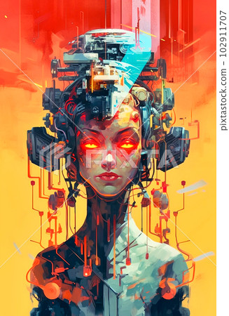 The robot stands with a red eye in its head, Generative AI The robot stands with a red eye in its head, Generative AI 102911707
