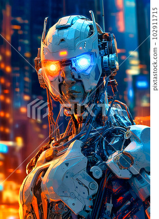 A robot with bright eyes near a city, Generative AI A robot with bright eyes near a city, Generative AI 102911715