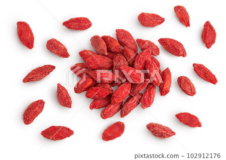 Dried goji berries isolated on white background. Top view. Flat lay. 102912176