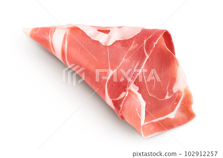 Italian prosciutto crudo or spanish jamon. Raw ham isolated on white background with full depth of field. Top view. Flat lay 102912257