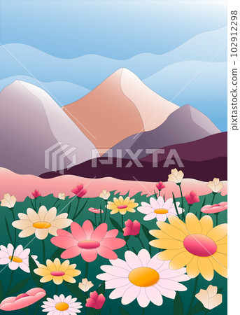 Mountain landscape and daisies. Green meadow with grass and colorful flowers. Environmentally friendly nature.  102912298