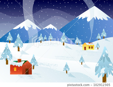 Winter landscape. Village houses against the backdrop of mountains, snow, trees. Snow day. Smoke from the chimney. Flat vector illustration. 102912305