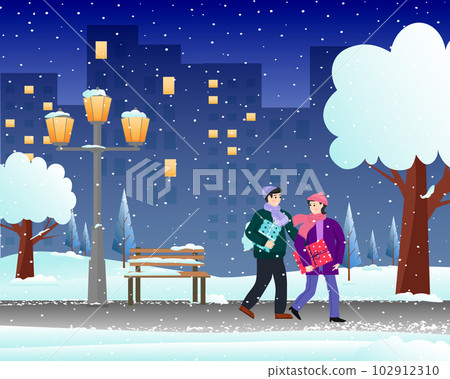 A man and a girl walk through the city park with gifts. Winter Christmas landscape. Lanterns and a bench, urban high-rise buildings.  102912310