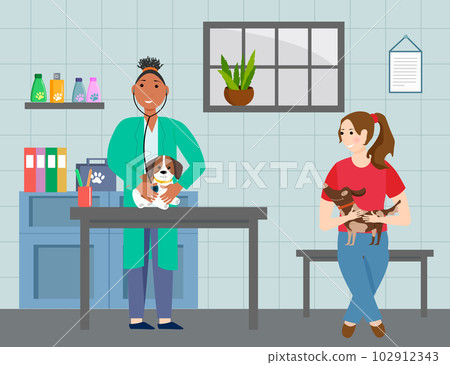 A girl with a dog at a doctor appointment in a veterinary clinic. The doctor examines the puppy. Vector illustration. A girl with a dog at a doctor appointment in a veterinary clinic. The doctor examines the puppy. Vector illustration. 102912343