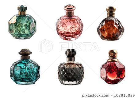 Set of six colored perfume bottles isolated on white background. Generative AI 102913089