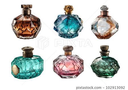 Set of six colored perfume bottles isolated on white background. Generative AI 102913092