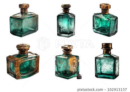 Set of six colored perfume bottles isolated on white background. Generative AI Set of six colored perfume bottles isolated on white background. Generative AI 102913137