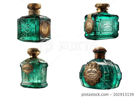 Set of four colored perfume bottles isolated on white background. Generative AI Set of four colored perfume bottles isolated on white background. Generative AI 102913139
