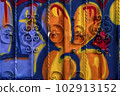 The door of the house smeared with the colors. 102913152