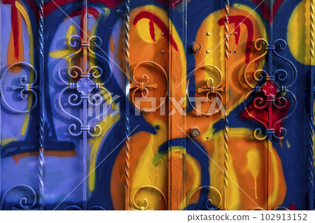 The door of the house smeared with the colors. 102913152