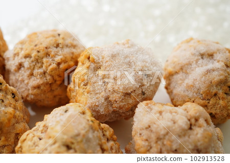 Frozen food with freezer burn and frost Frozen meatballs Frozen food with freezer burn and frost Frozen meatballs 102913528