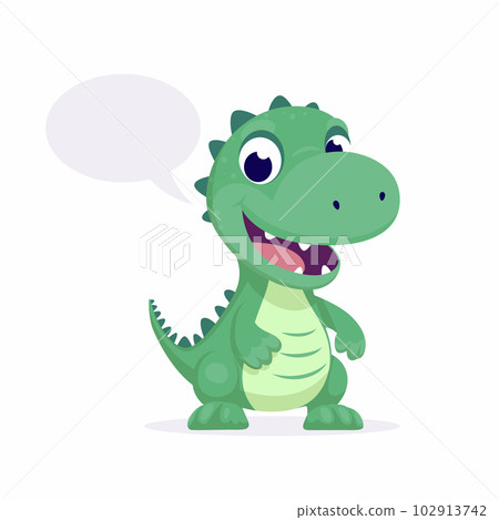 Vector Cute Kind Baby Kid Smiling Dinosaur. Happy Cartoon Green Dinosaur Tyrannosaurus Rex, Tyrex with Speech Bubble in Flat Style on Blue Background 102913742