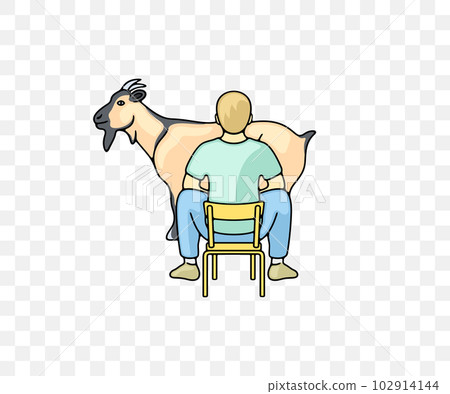Male farmer milking a goat, agriculture and farm, colored graphic design. Barnyard, stockyard, milk farm and ranch, vector design and illustration 102914144