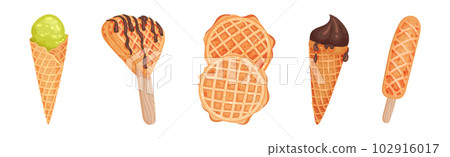 Waffle as Sweet Dish from Leavened Batter or Dough Vector Set Waffle as Sweet Dish from Leavened Batter or Dough Vector Set 102916017