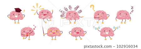 Funny Pink Brain with Arms and Legs Vector Set 102916034